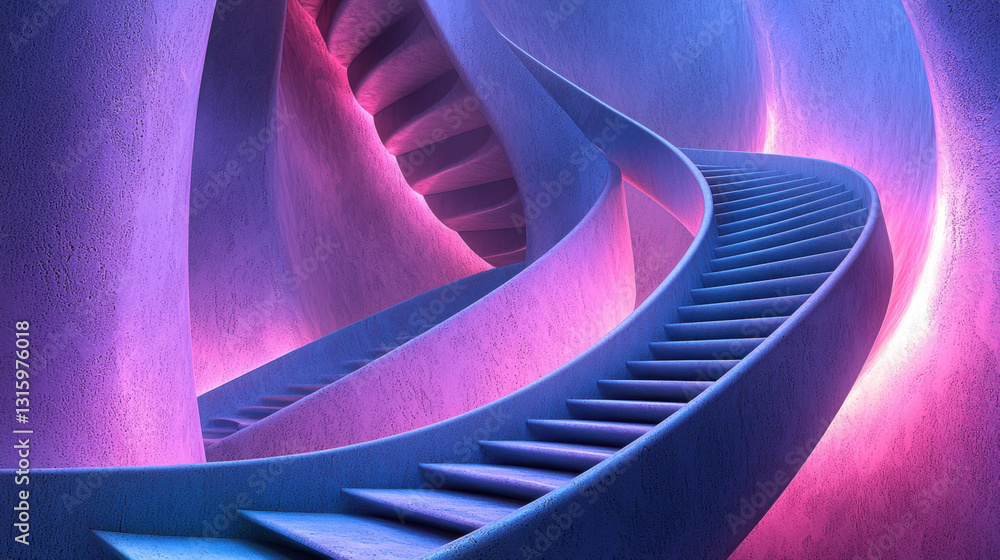 Poster striking spiral staircase within a contemporary building featuring surreal infinite looping design a
