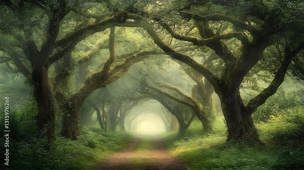 Poster mystical forest path with moss-covered trees and fog.