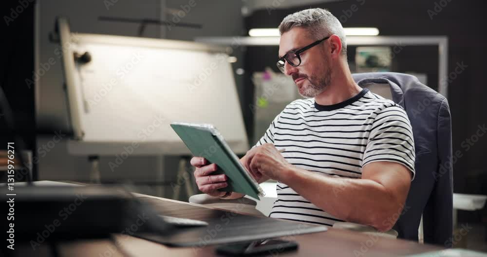 Poster Business, tablet and man in office, engineering and decision with internet, thinking and network. Person, employees and tech in workplace, illustrator and design editing with digital app for project