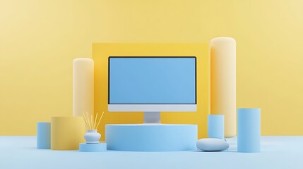 Pastel-Colored 3D Render of a Computer Mockup on a Minimalist Stage AI Generated