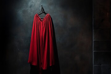 Naklejka premium A vibrant red cape gracefully hangs on a hook against a dark, textured wall, creating a mysterious and dramatic visual perfect for fashion or theatrical themes.