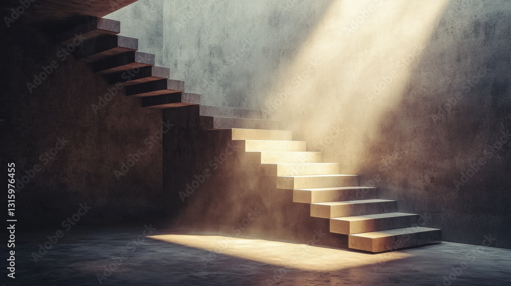 Poster mysterious stairway emerging from darkness in a surreal room creating an intriguing and captivating 