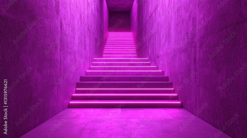 Poster surreal 3d render of a floating staircase illuminated by pink lights creating a dreamlike ambiance i