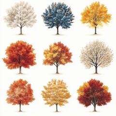 Nine trees in different seasons watercolor illustration on white background seasonal change concept