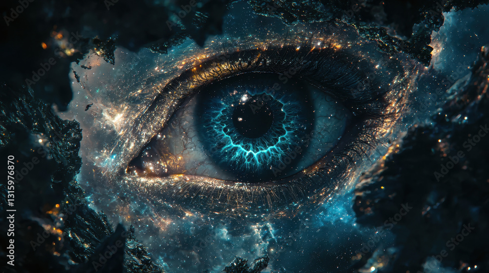 Poster surreal 3d render of a blue eye floating in the center of a colorful nebula representing cosmic beau