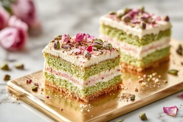 Pistachio sponge cake drizzled with rose syrup on a polished gold serving board