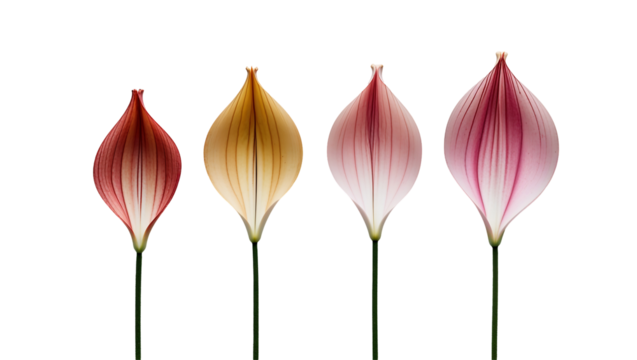 High-contrast macro shot of delicate floral anatomy, isolated vibrant petals with clean lines and intricate textures on a transparent background