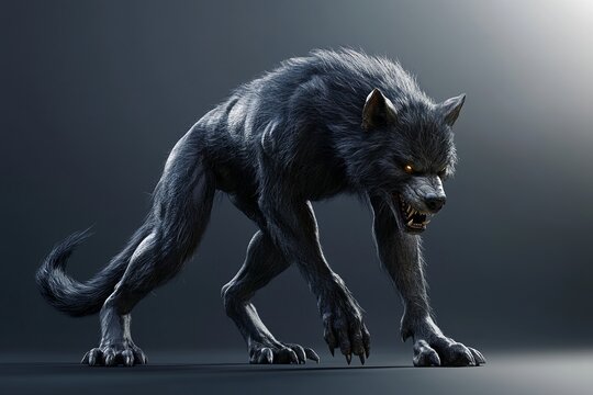 This striking image features a fierce black werewolf in a dynamic pose, showcasing detailed fur, menacing eyes, and powerful claws against a dark background.