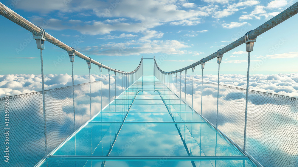 Poster surreal glass bridge extending into the fluffy white clouds of a dreamy sky creating an ethereal pat