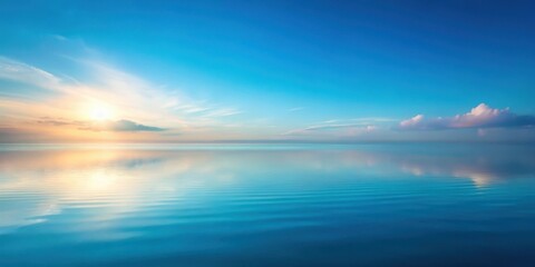Obraz premium Serene Sunset Reflection on Calm Water Surface with Azure Sky and Soft Clouds