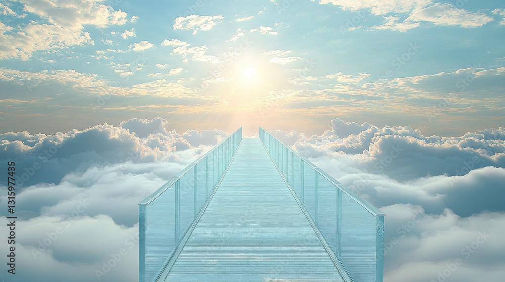Poster surreal 3d render of a transparent glass bridge connecting two dreamy cloudscapes in an ethereal atm