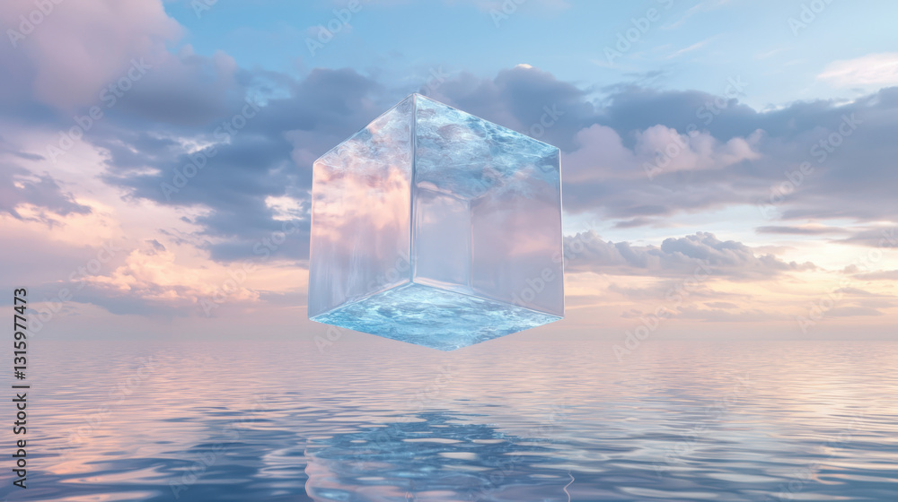 Poster surreal 3d render of a crystal cube floating gracefully over calm waters with soft reflection and dr