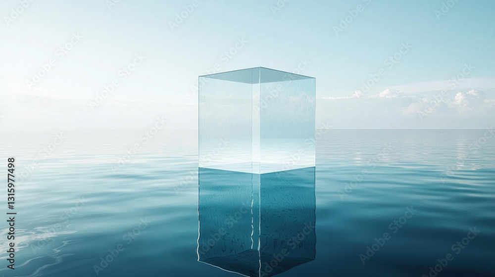 Poster surreal 3d render of a glass cube suspended over crystal clear waters creating a dreamlike and tranq