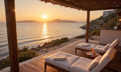 Sunset Over the Ocean, Relaxation, Beach Retreat A tranquil beach scene with the sun setting over the ocean, casting a warm golden hue