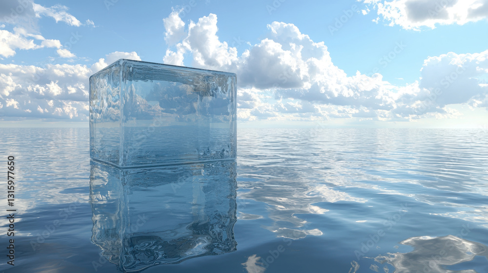 Poster surreal 3d render of a glass object submerged in clear water surrounded by soft light and creating a