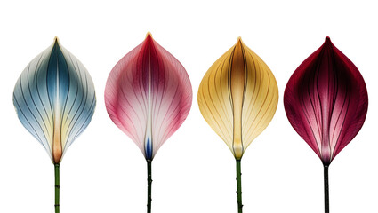 Vibrant flower petals in macro photography, isolated on a white background, delicate botanical close-up with rich gradient tones and symmetrical shapes