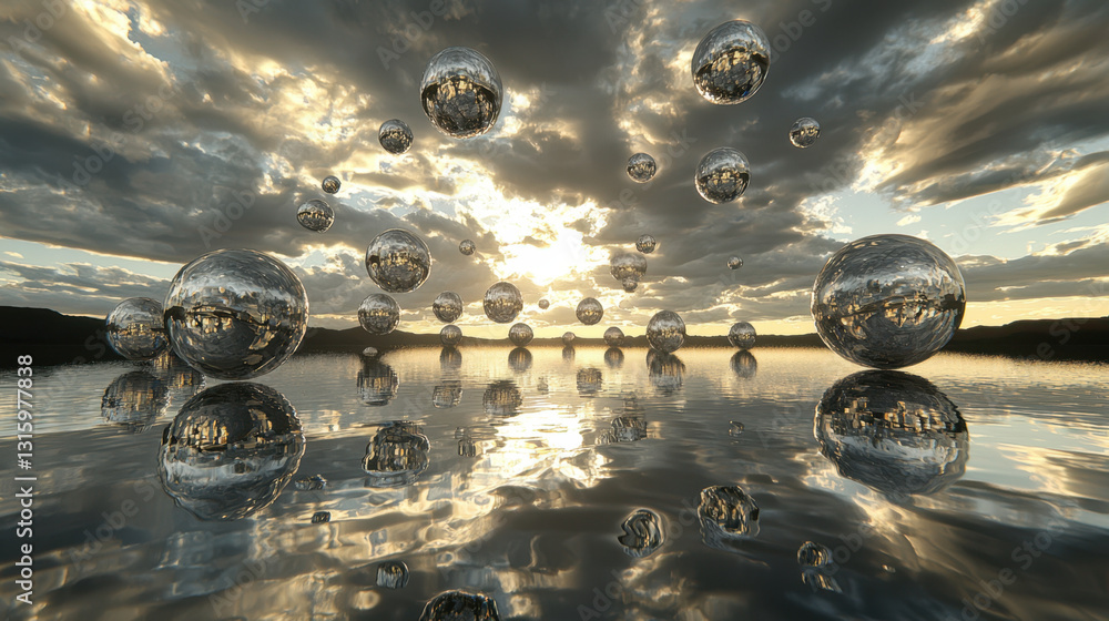 Poster enchanting scene of floating transparent spheres gracefully suspended in clear water captured in a 3