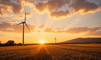 Obraz premium Golden field with a single windmill at sunset for renewable energy and rural living themes. A tall, modern windmill stands alone