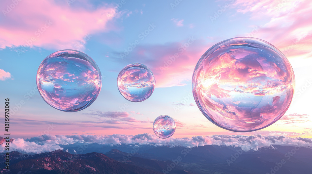 Poster dreamy sky with soft clouds and bubbles floating freely captured in a surreal 3d render of a whimsic