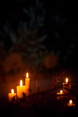 A cluster of glowing candles casts a warm and soothing light, illuminating the scene with a serene ambiance. Surrounding branches are softly lit by the candlelight, enhancing the tranquil atmosphere.