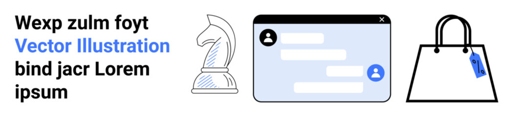 Obraz premium Knight chess piece, messaging window with user icons, and shopping bag with price tag. Ideal for strategy, communication, business, e-commerce, retail shopping and technology. Great for flat
