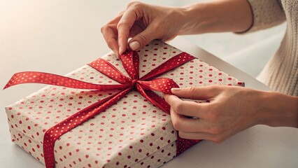 Close-up of a woman hands tying a red polka-dotted ribbon on a beautifully wrapped gift box, symbolizing celebration, giving, and special occasions.