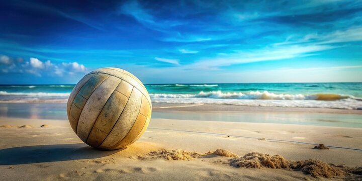 A weathered beach ball rests on the tranquil shore, waves gently lapping the sand under a vibrant sky