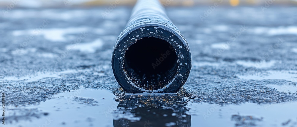 Poster close up of black pipe emerging from wet ground with reflection and blurred background