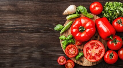 Variety of Fresh Red Tomatoes and Green Vegetables Arranged on a Wooden Table with Rustic Background Highlighting Healthy Eating Choices