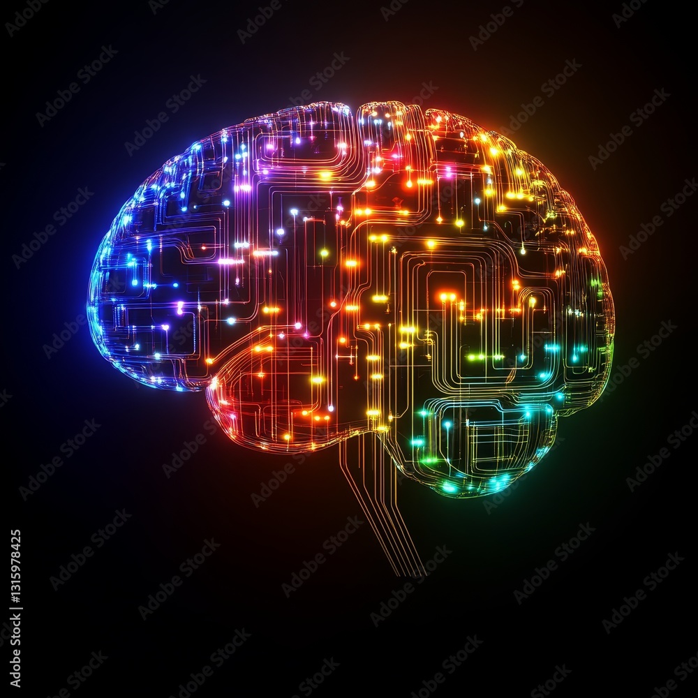 Poster this vibrant image depicts a brain formed by colorful light connections, symbolizing the fusion of t