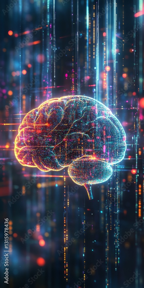 Poster colorful digital brain representation with data streams and lights