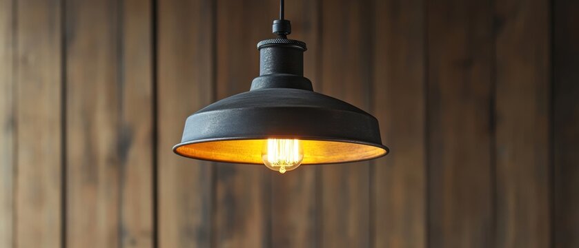 Elegant industrial pendant light fixture casting a warm glow against a rustic wooden plank wall background creating a cozy ambiance
