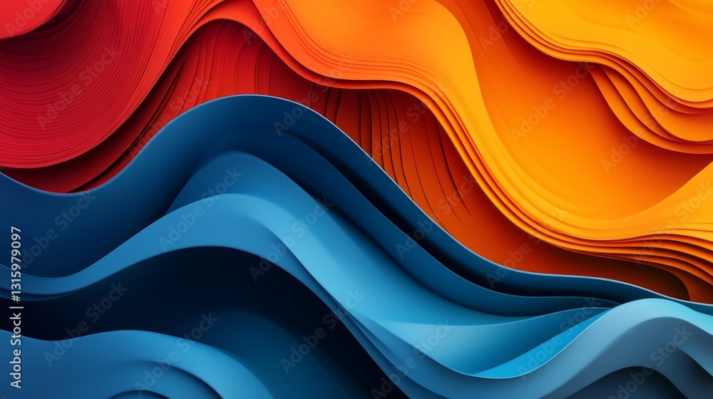 Poster a stunning abstract representation of colorful waves flowing seamlessly, featuring vibrant orange, b