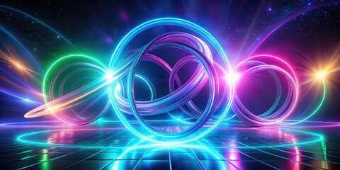 Abstract Cosmic Rings Glowing Neon Circles Intertwined on a Reflective Surface with Vibrant Light Streaks