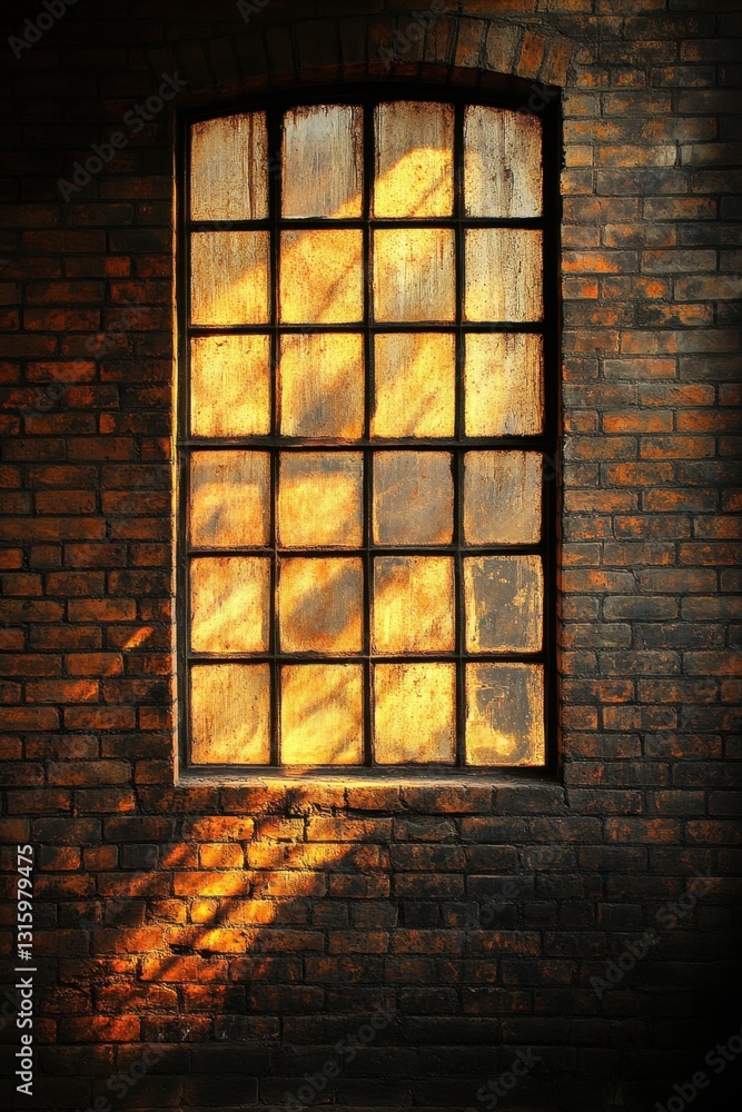 Poster golden light streams through rustic window illuminating aged brick wall in vintage factory building 