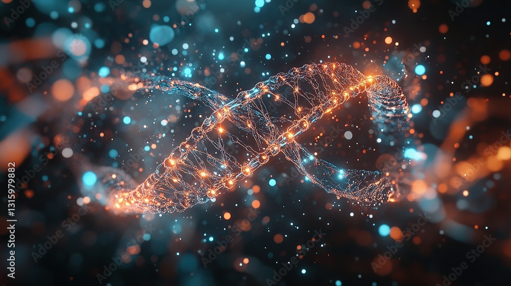 Poster abstract dna molecule representation with glowing elements and lines