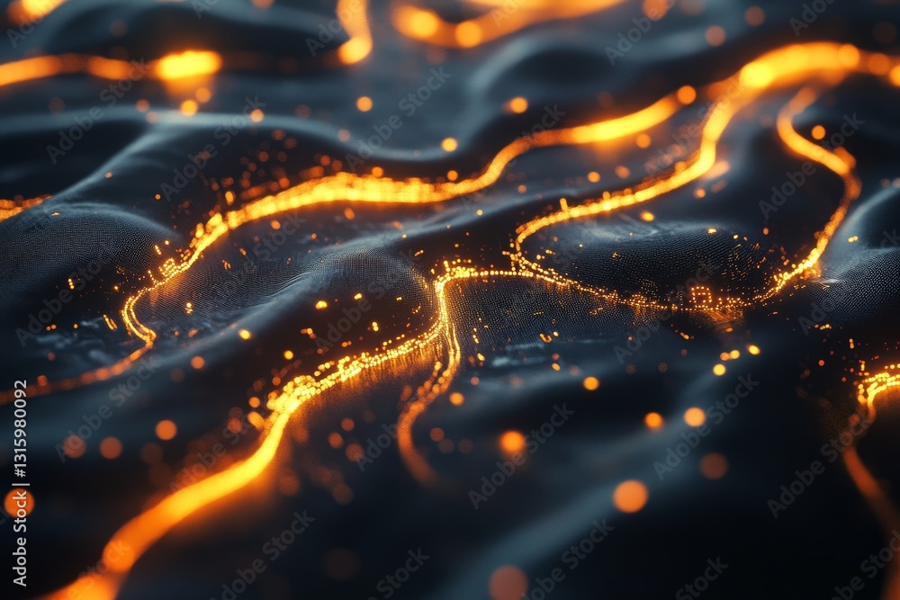 Poster explore a captivating abstract representation of data flow featuring dramatic lighting and intricate