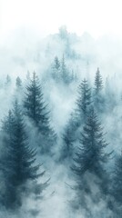 A serene forest scene enveloped in soft, ethereal fog. Tall, majestic trees rise through the mist, their silhouettes creating a mysterious atmosphere, inviting exploration and tranquility.
