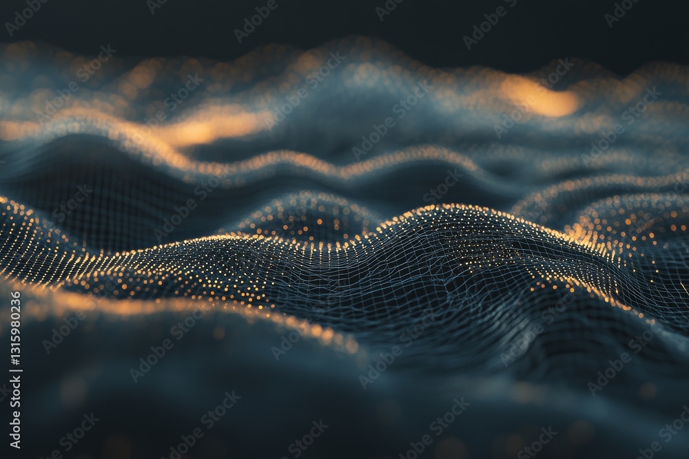 Poster this abstract digital image showcases flowing waves with glowing particles against a dark background
