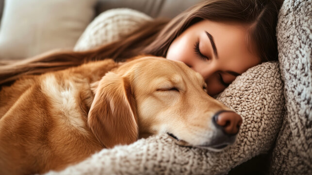 A person lovingly cuddling with their dog on the couch, capturing the affectionate bond between pets and their owners on National Pet Day.