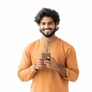 handsome Indian young man wearing kurta & using a mobile phone Smiling, white background