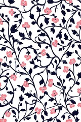Pink flowers, navy vines, white background fabric pattern