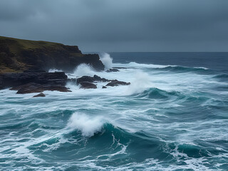 Fototapeta premium Dramatic Ocean Waves Crashing Against Rocky Cliffs Under a Stormy Sky. Landscape Photography.