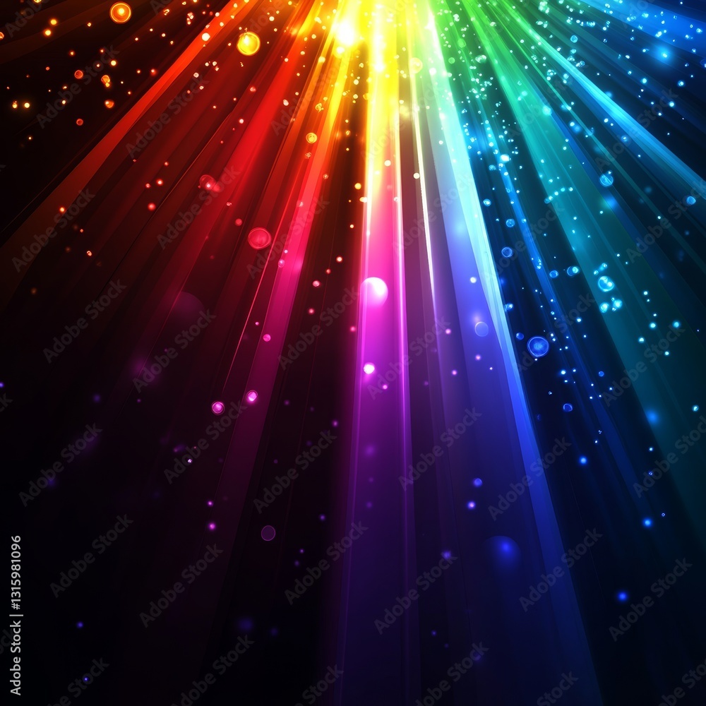 Poster stunning visualization of colorful light rays with sparkling effects against a dark background, crea