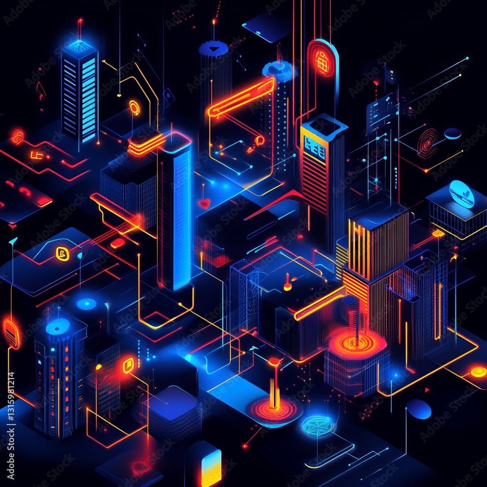 Poster discover an abstract minimalist visualization of iot solutions set in a vibrant urban landscape, sho