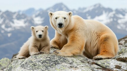 Fototapeta premium Majestic Polar Bears on Alpine Peaks Mother Cub