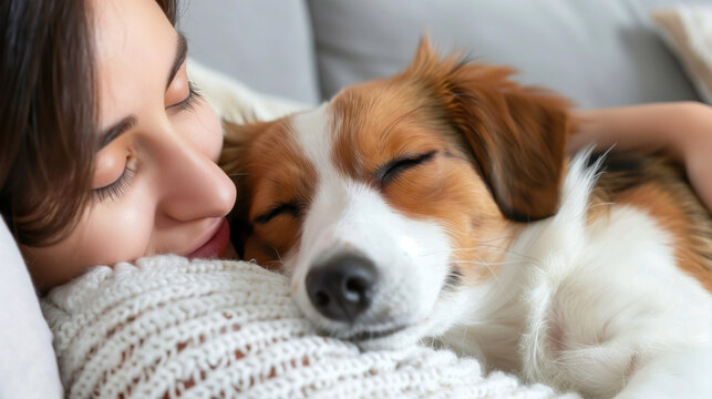 A person lovingly cuddling with their dog on the couch, capturing the affectionate bond between pets and their owners on National Pet Day.