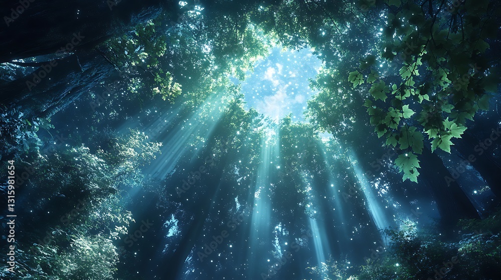 Poster sunbeams penetrate a dense forest canopy, illuminating dust motes and creating a mystical atmosphere