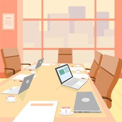 City view office meeting, laptops, papers, coffee