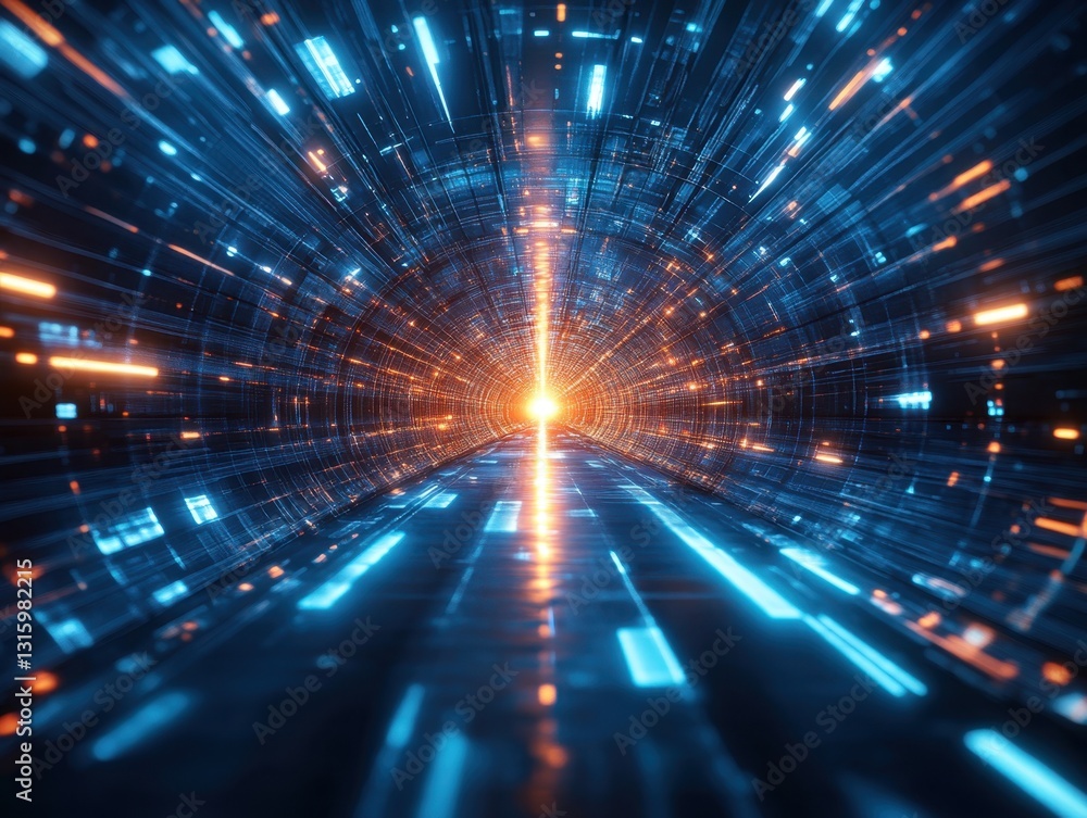 Poster abstract tunnel of glowing data stream with orange light at the end for technology and future concep